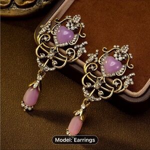 Ornate Gold and Pink Heart Drop Earrings